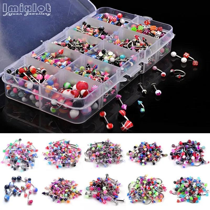 50/100PCS Mixed Acrylic Steel Body Piercing Jewelry Lot Bulk Nose Ring Tongue Bar Navel Eyebrow Lip Labret Piercing Set 250103