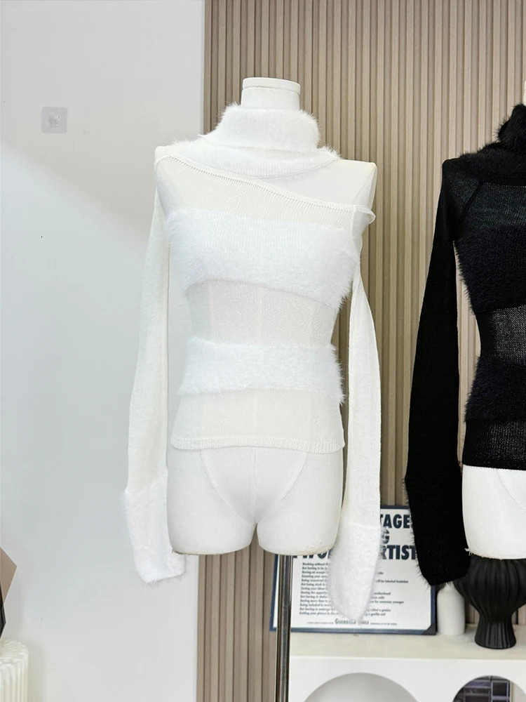 Winter Women Old Money Long Sleeve Cuddly Turtleneck Sweater Knitwear 2000s Jumper Korean Fashion Off Shoulder Gyaru Coquette 250103