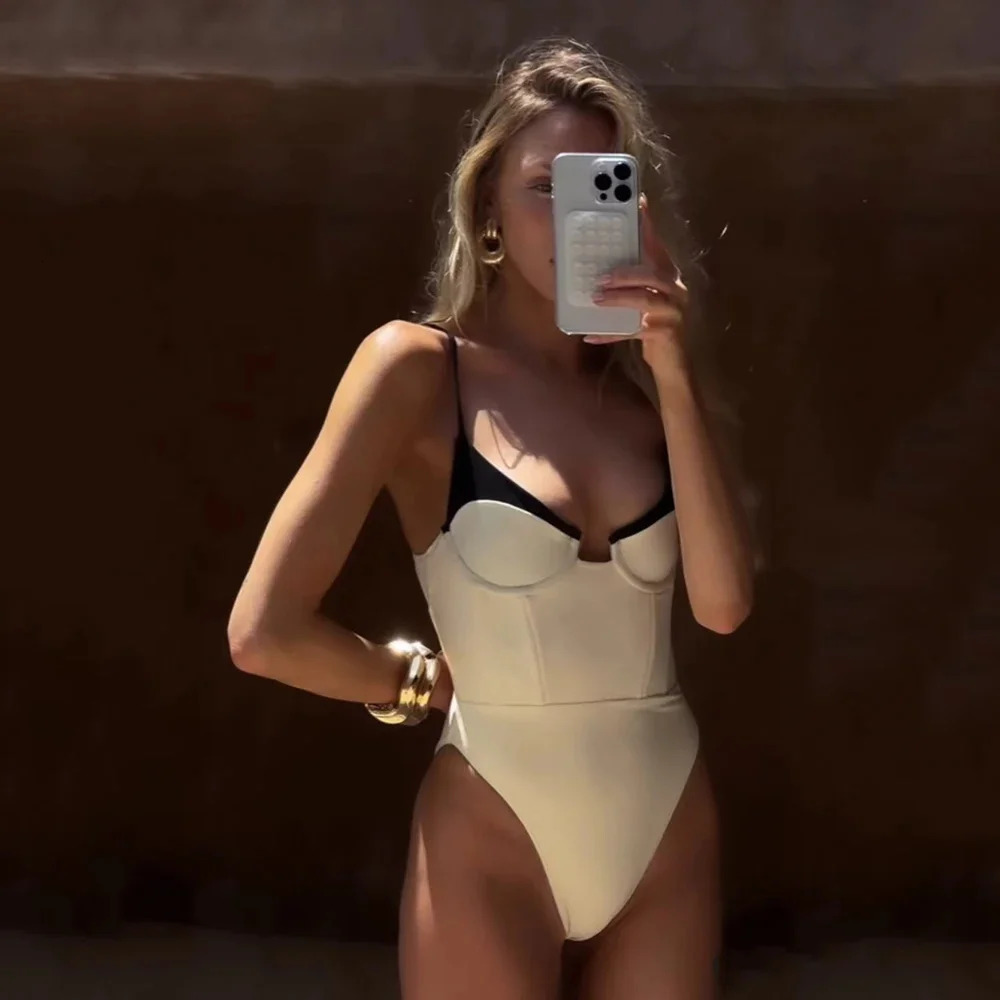 One Piece Swimsuit Swimwear Black White Women Bathing Suit Beachwear Vintage Retro Monokini Swim Maillot de bain 250106