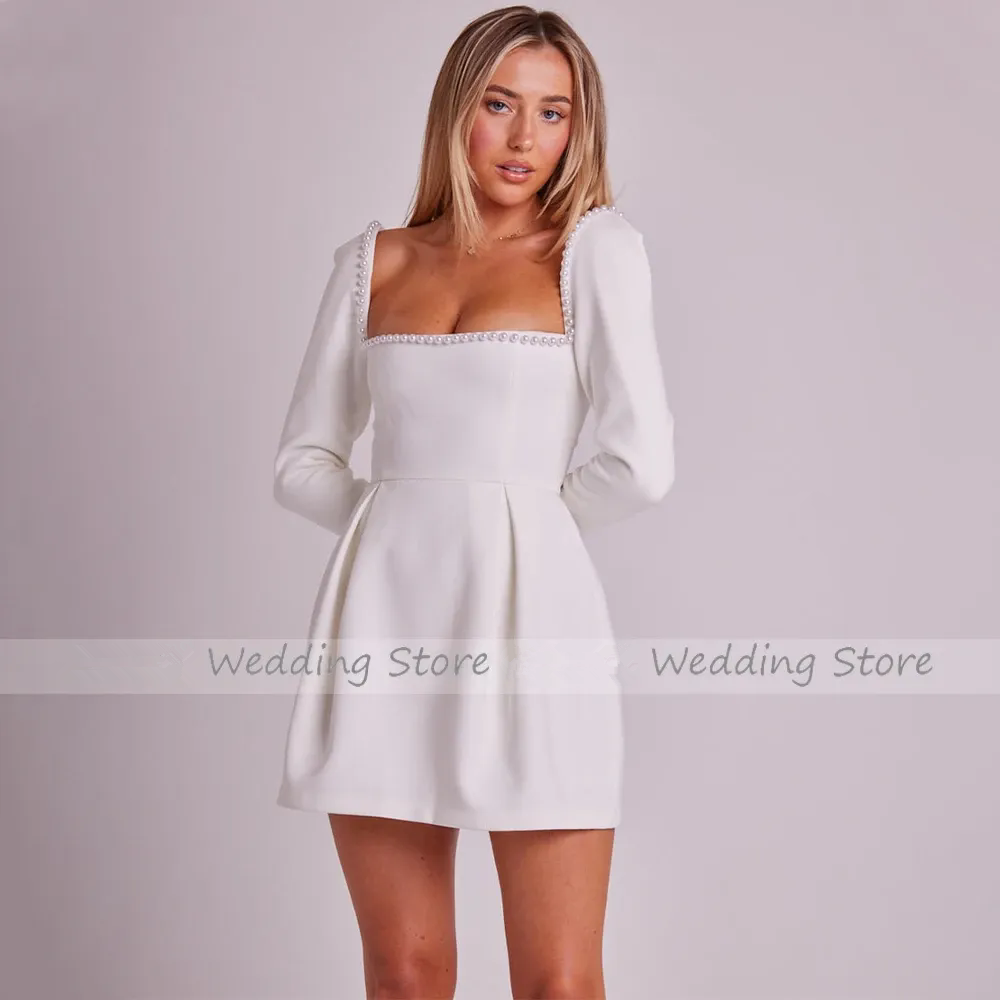 Short Wedding Dress 2025 Long Sleeves Pearls Square Collar Mini Brides Gown for Women Bride A Line Backless Cute Bridal Dresses Vestido De Novia