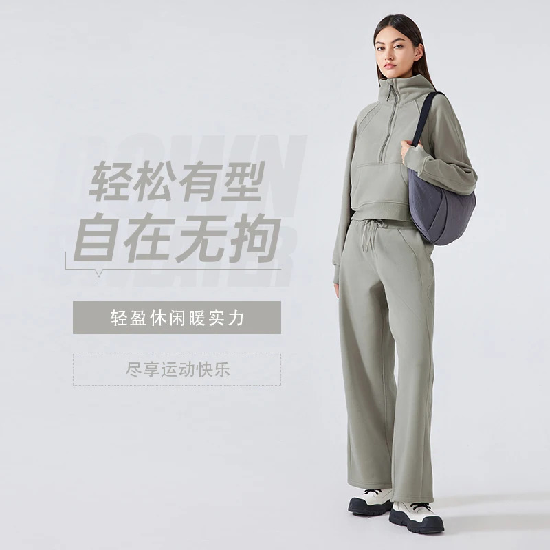 Womens 2Piece Winter Warm Tracksuit Fleece HalfZip High Neck Pullover Sweatshirt Loose StraightLeg Pants for Gym Casual Wear 250106