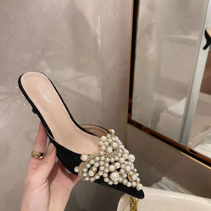 2024 New Fashion Pointy Head Pearl Half Slippers Fine Sandals Women's 42 Yards Middle Heeled Mules Shoes