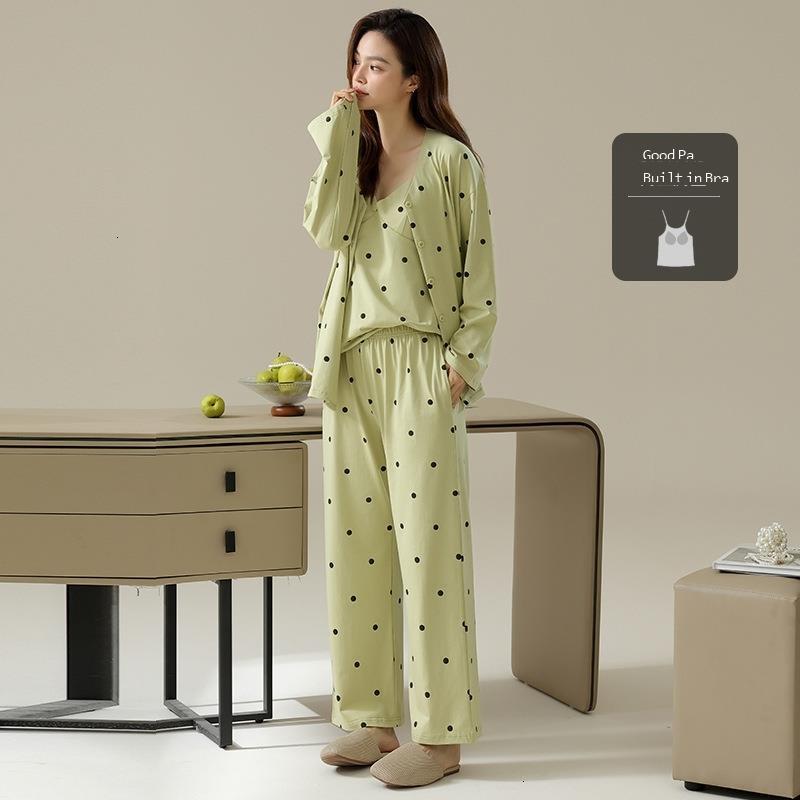 Three Piece Set Of Spring And Autumn Sleepwear With Chest Cushion Womens Long Sleeved Pure Cotton Pull-out Home Clothes