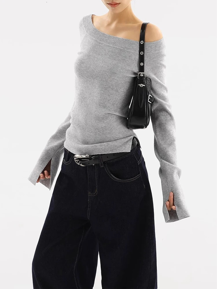 Off Shoulder Sweater Women Autumn Winter Korean Fashion Solid Long Sleeve Knitted Pullovers Casual Elegant Chic Slim Fit Top 250103