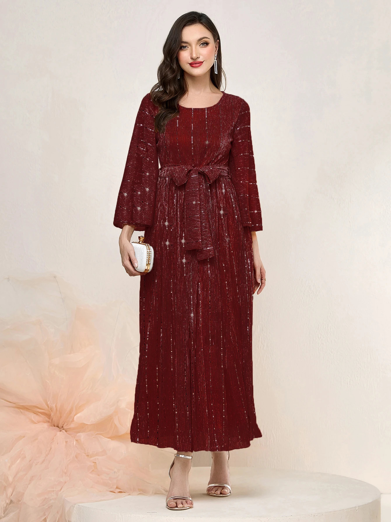 Ladies Round Neck Lotus Leaf Seven Quarter Sleeve Waist Cinched Pleated Sequin Belt Dress Middle Eastern Style 250103