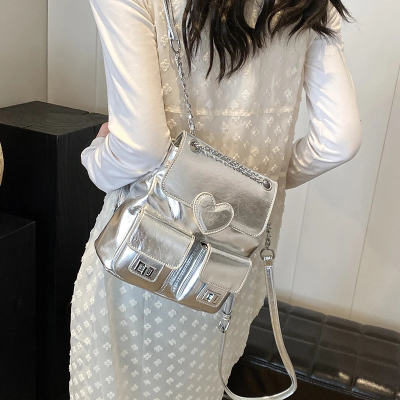 Stylish Bright Silver PU Backpack Solid Heart High Quality Versatile Two-purpose Shoulder Bags for Women Fashion Chains Bag 250102