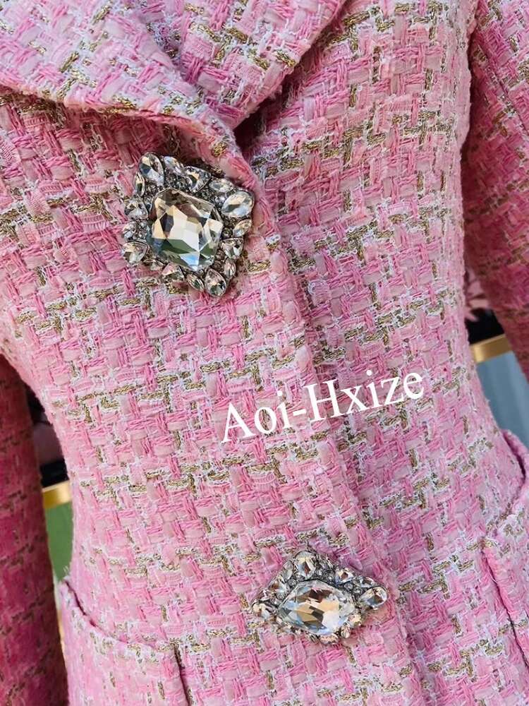 Pink Tweed Suit Jacket Autumn Winter New High Quality Dia Buckle Splicing Slim Elegant Commuter Coat Backless Bow Set Women