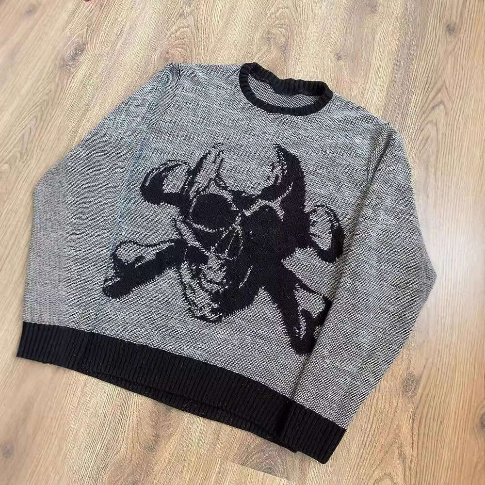 Knitted Skeleton Jacquard Pattern Round Neck Long Sleeve High Street Loose Sweater Dark Style