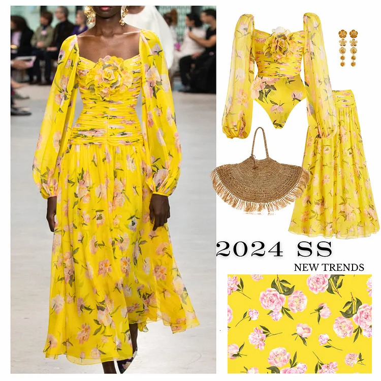 2025 Sexy 3D Flower Shirring Printed Chiffon Long Sleeves One Piece Swimsuit and Skirt Set Women Summer Bathing Suits 2Pcs 250106