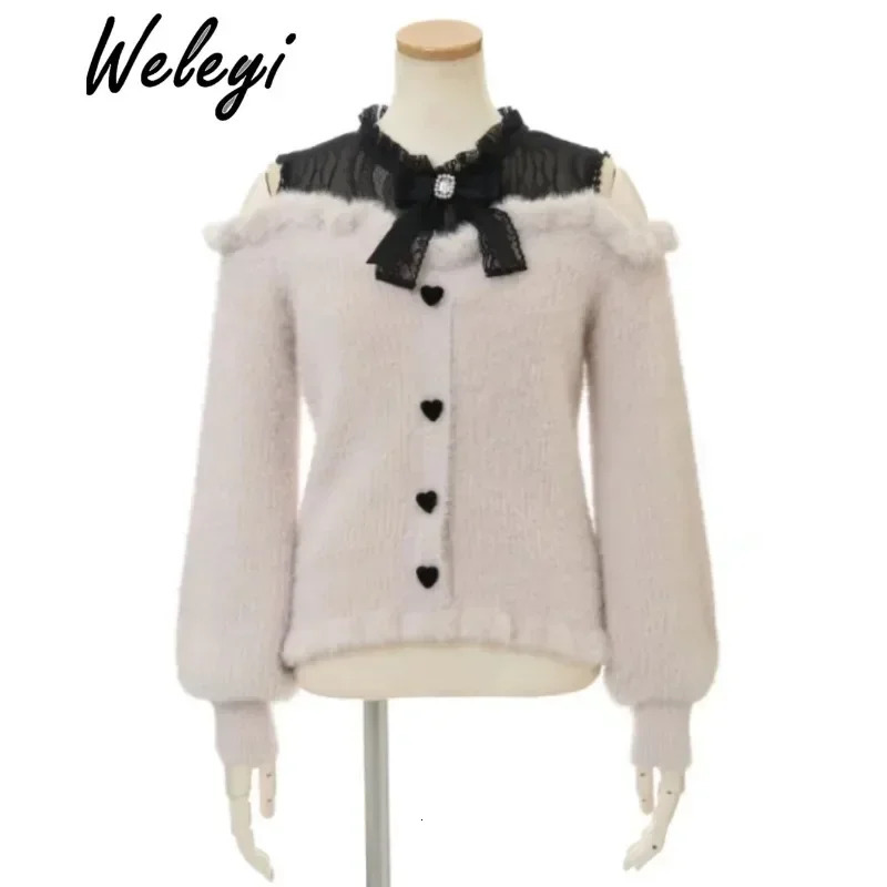 Jirai Kei Sweet Womens Fluffy Off Shoulder Sweater AutumnWinter Lolita Cute Sutdent College Style Knit Knitwear Female 250103