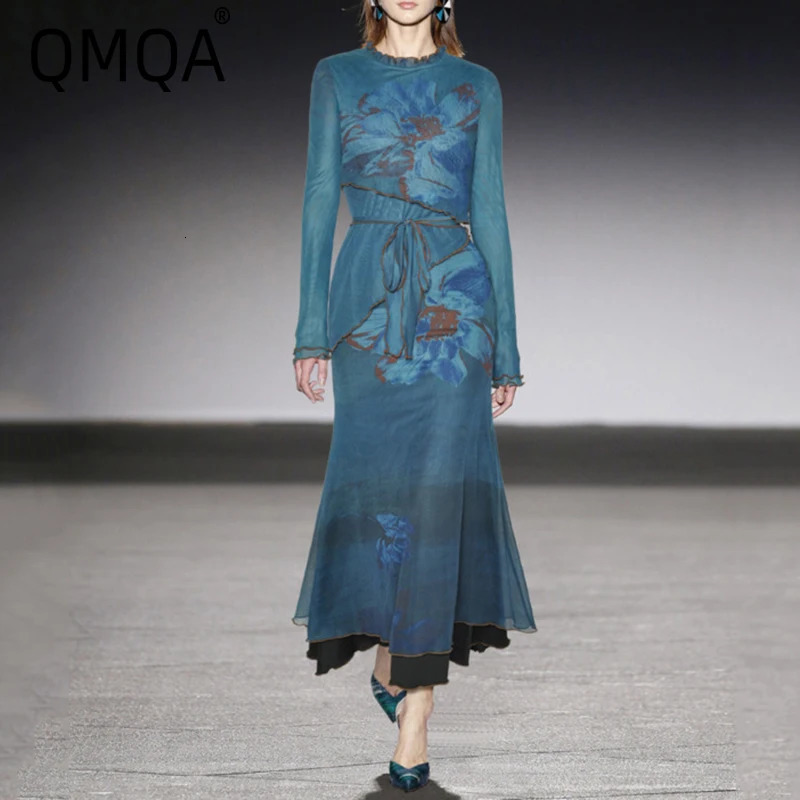 QMQA Fashion Womens Elegant Printed Dress Lace Collar Lace Upper Waist Elastic Bottom Weight Loss Dress 2025 Womens A693 250103