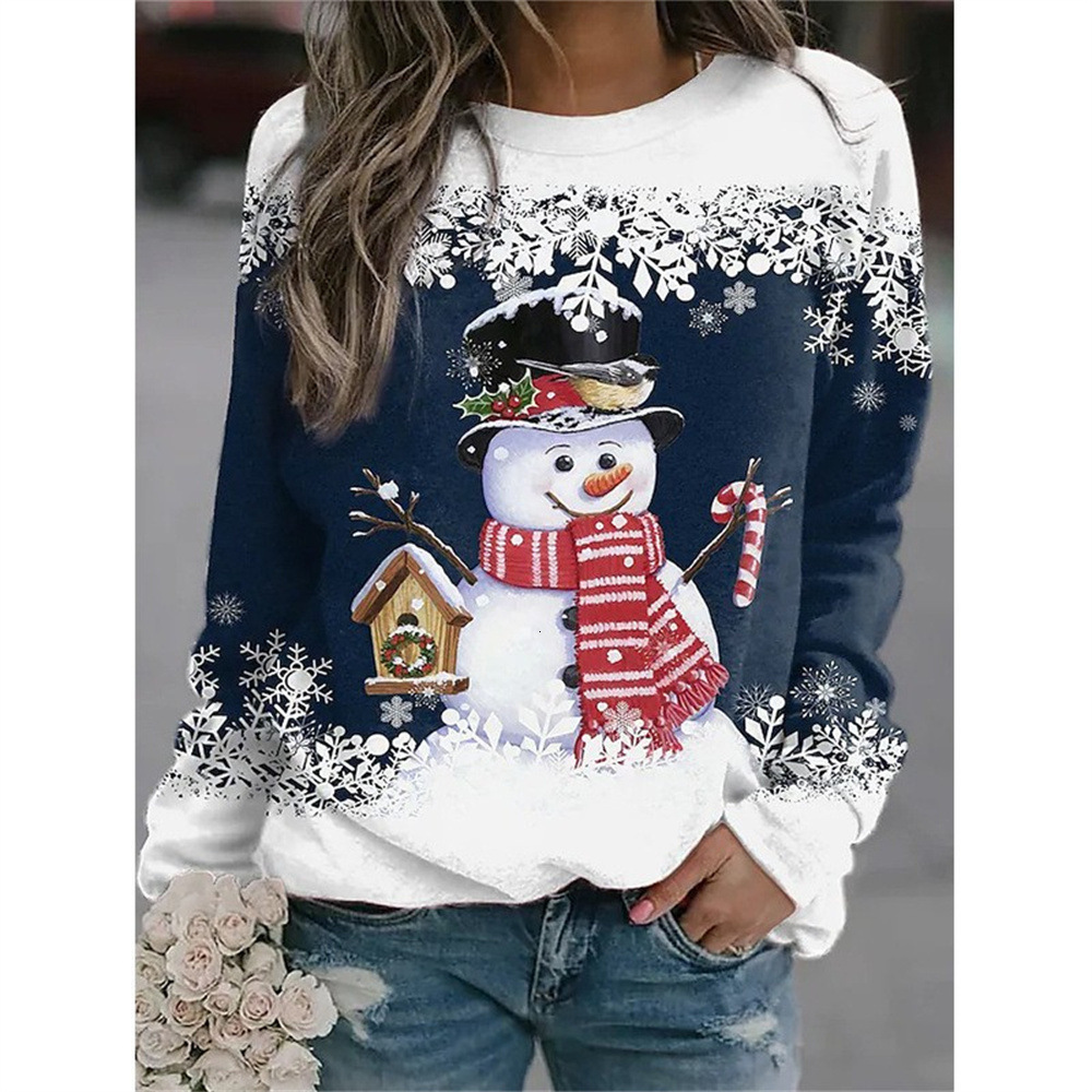 2025 New Women's Snowman Printed Long Sleeved Casual Loose T-shirt Single Top
