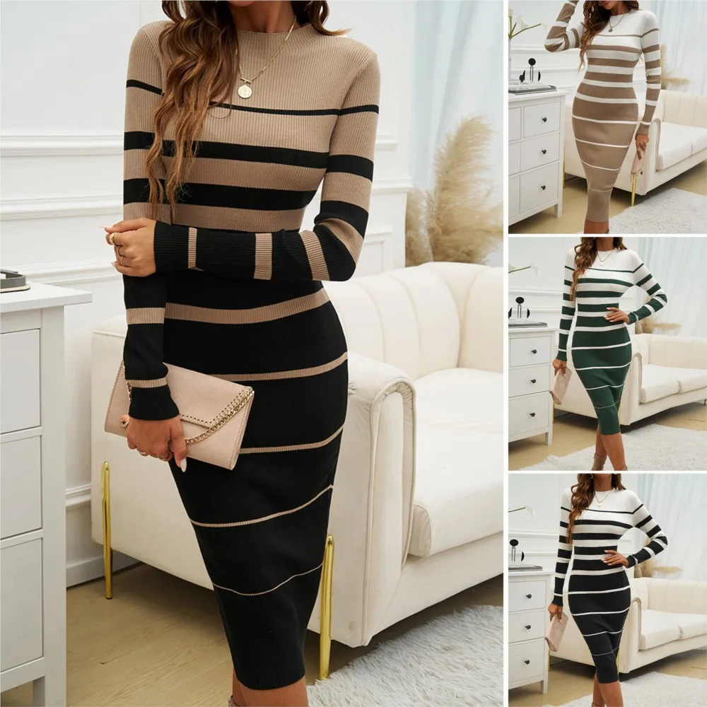 Sexy Slim Fit Long Sleeved Dress for Women Contrasting Striped Autumn and Winter Commuting Warm vestidos verao feminino 250103