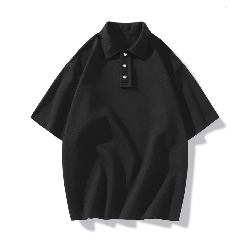 Shoulder polo shirt heavy-duty loose fitting T-shirt summer Instagram trend solid color lapel T-shirt 250103