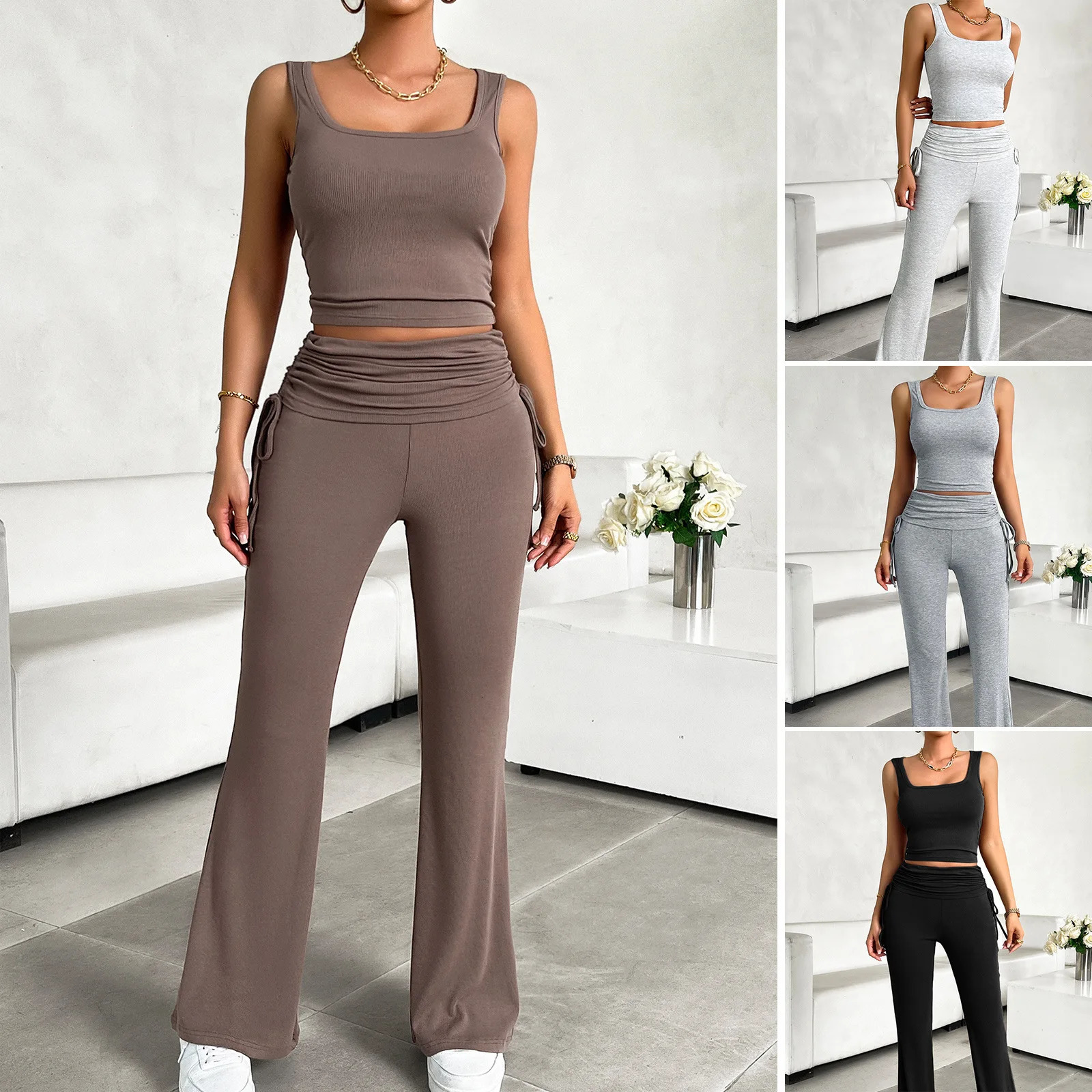 Summer Womens Set Two Pieces Slim Squareneck Ladys Camisole Drawstring Fold Fit Female Trousers 2 Piece Sets Women Outfit 250106