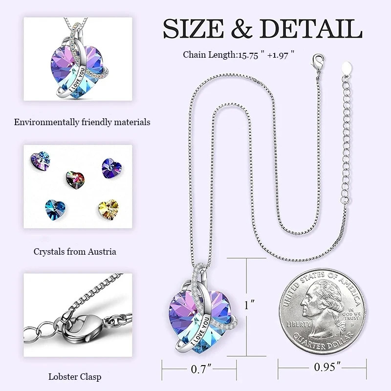 Fashion Purple Austrian Crystal Necklace I Love You Love Heart Shaped Pendant Necklaces for Women Christmas Valentines Day Gift 250106