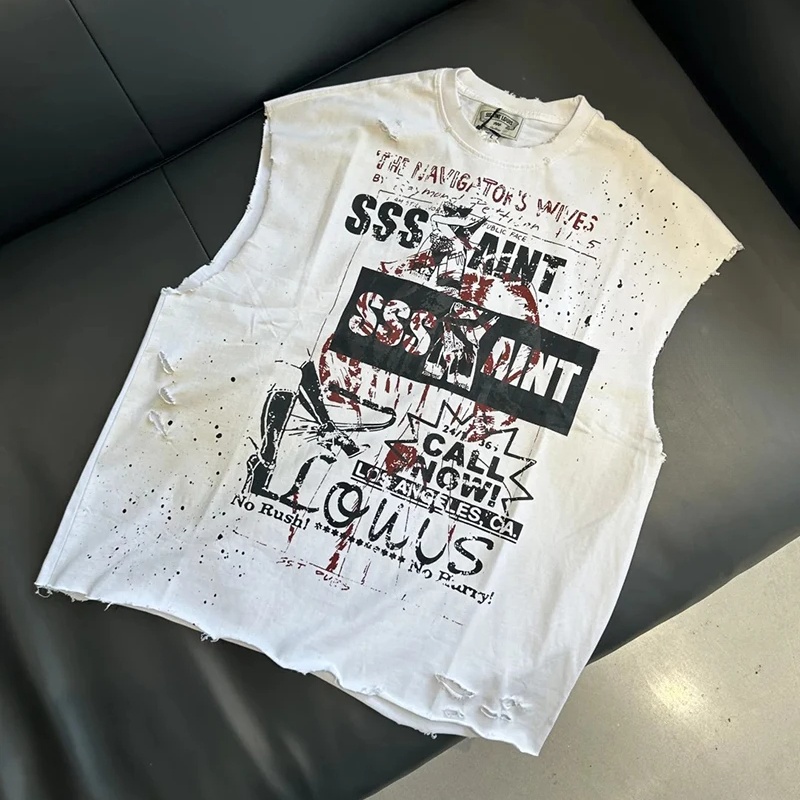 Hand-Painted Tank Top American Vintage Washed Letter Print Men Women Sleeveless T Shirt