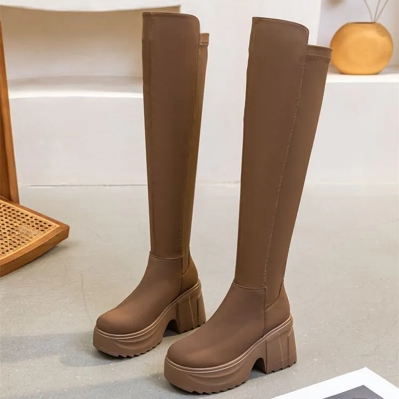 AIYUQI Women's Rider Boots Ladies Over-the-Knee Boots Heel Height Platform Stretch Skinny Boots Women
