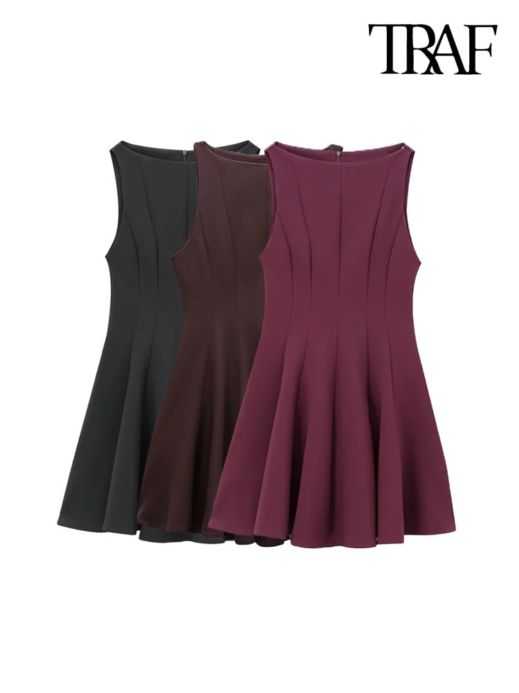 TRAFWomens Flared Mini Dress Boat Neck Sleeveless Female Dresses Chic Fashion 250103