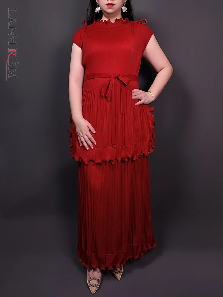 Lanmrem fashion pleated womens multi colored pleated edge splicing belt gathered waist dress elegant 2025 32C2089 250103