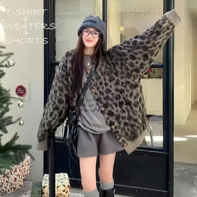 Harajuku Leopard Print Knitted Cardigan Women Oversized Sweater Outerwear Vintage Long Sleeve Knitwear Winter Casual Jumpers 250103