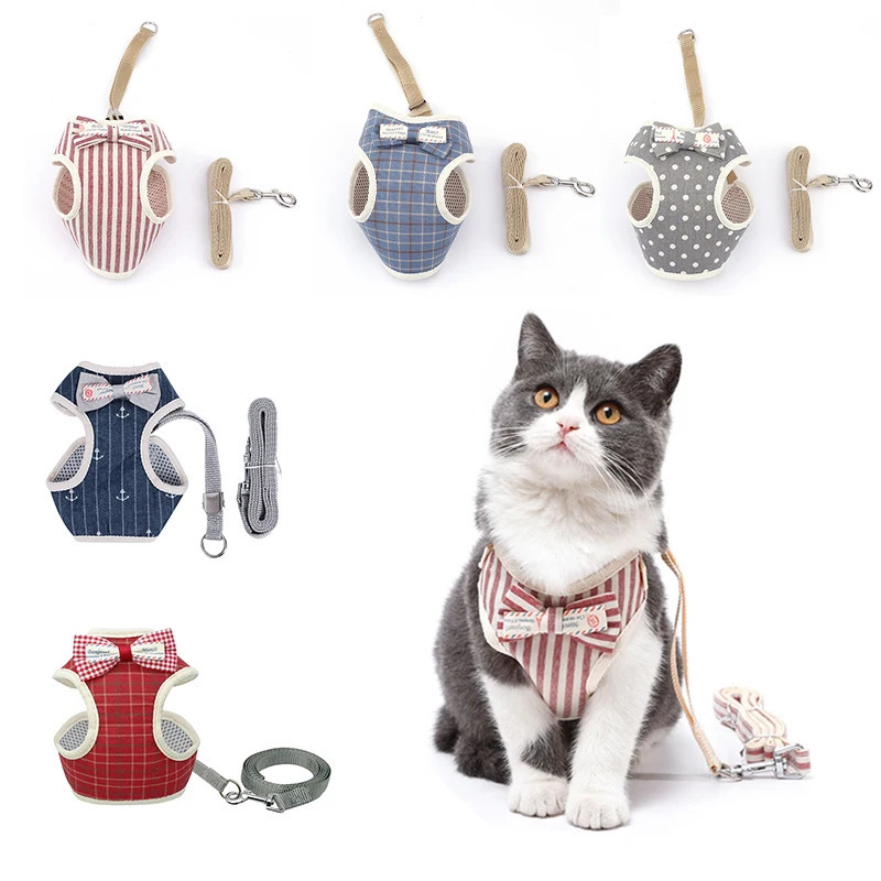 Bowknot Cat Harness and Leash Set Adjustable Puppy Harness Cat Lead Leash Clothes Vest Nylon Mesh Kitten Collar Cat Accessories 250106