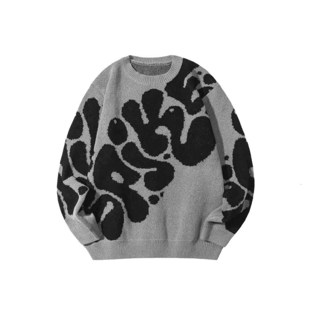 Knitted with letter jacquard pattern round neck long sleeved high street loose sweater dark style