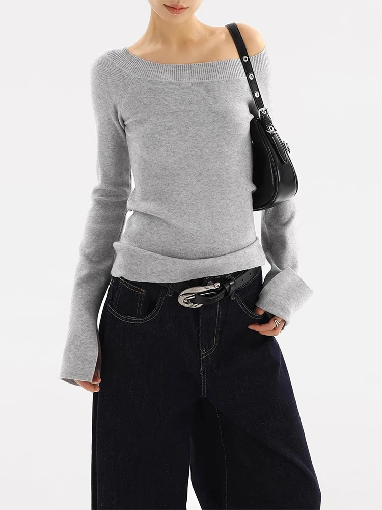 Off Shoulder Sweater Women Autumn Winter Korean Fashion Solid Long Sleeve Knitted Pullovers Casual Elegant Chic Slim Fit Top 250103