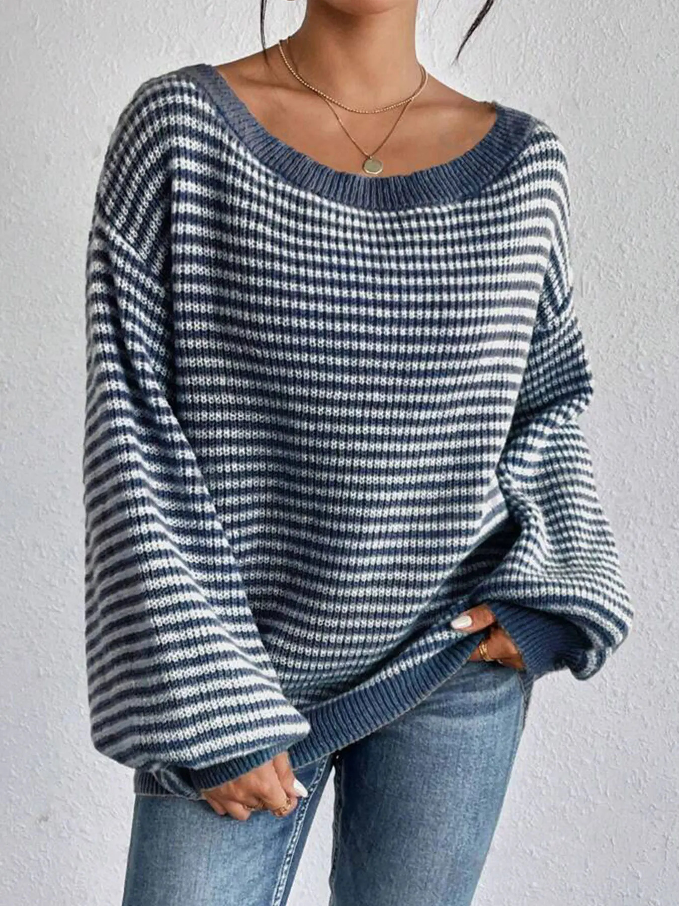 Autumn and winter womens line collar drop shoulder sleeve all matching pullover loose temperament striped knitwear 250103