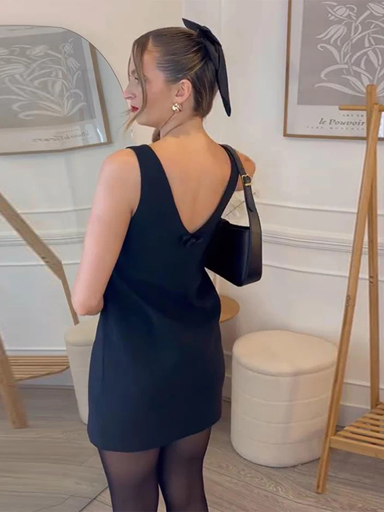 Fashion bow V-neck mini womens clothing 2025 elegant sleeveless A-line evening dress womens backless fashion party vest 250103