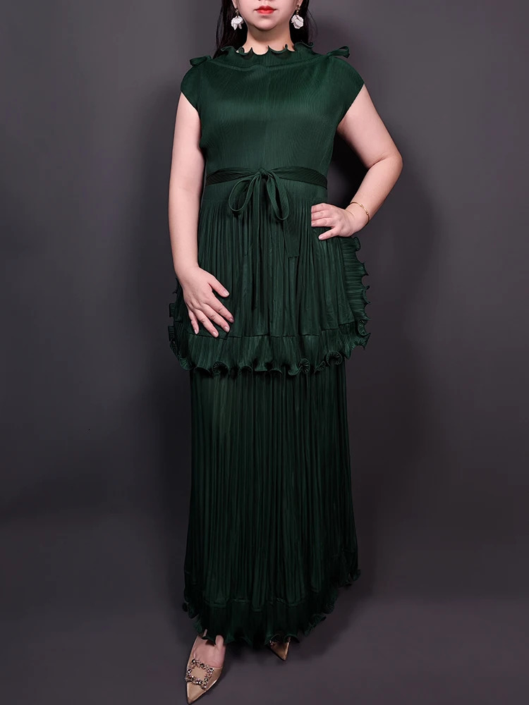 Lanmrem fashion pleated womens multi colored pleated edge splicing belt gathered waist dress elegant 2025 32C2089 250103