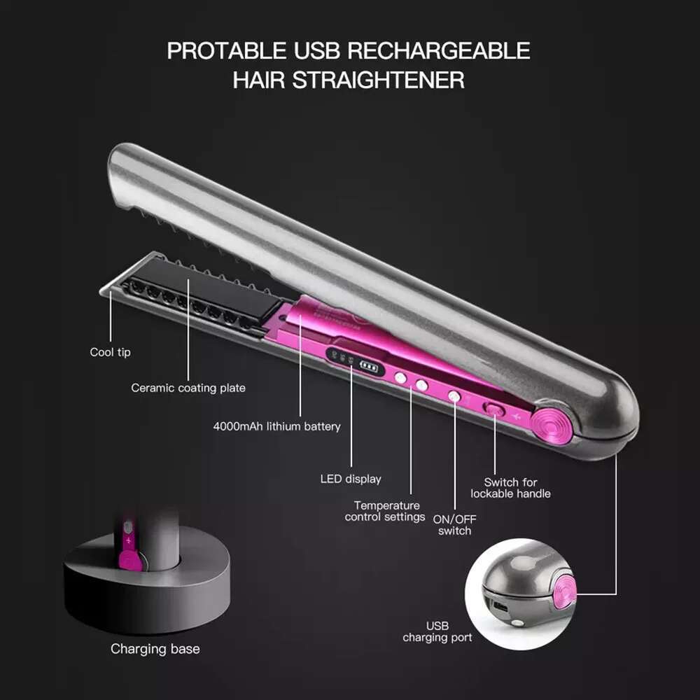 Wireless Hair Straightener with Charging Base Flat Iron Mini 2 IN 1 Roller USB 4800mah Portable Cordless Curler Dry and Wet Uses