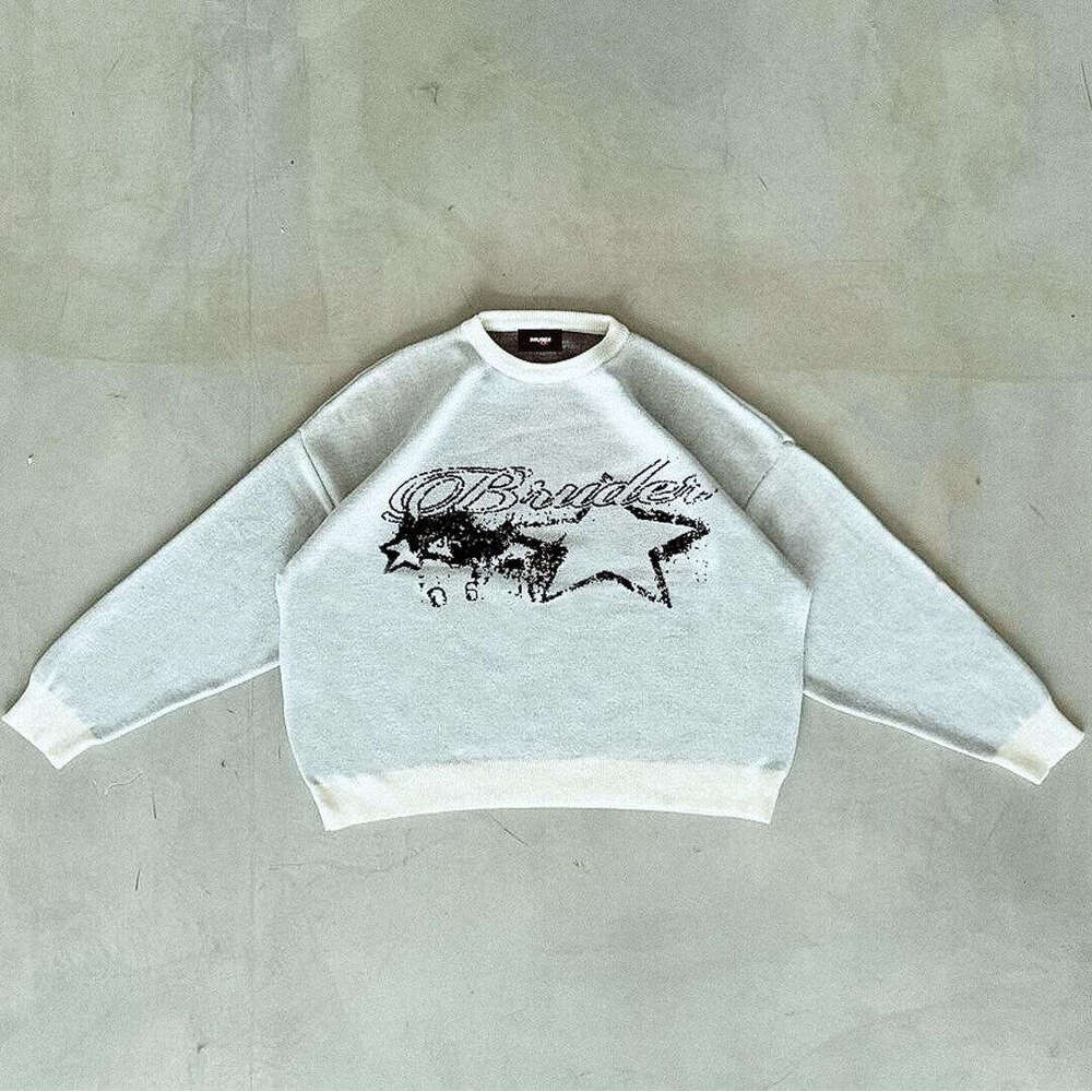 Ins knitted personalized pattern jacquard round neck long sleeved high street loose sweater y2k