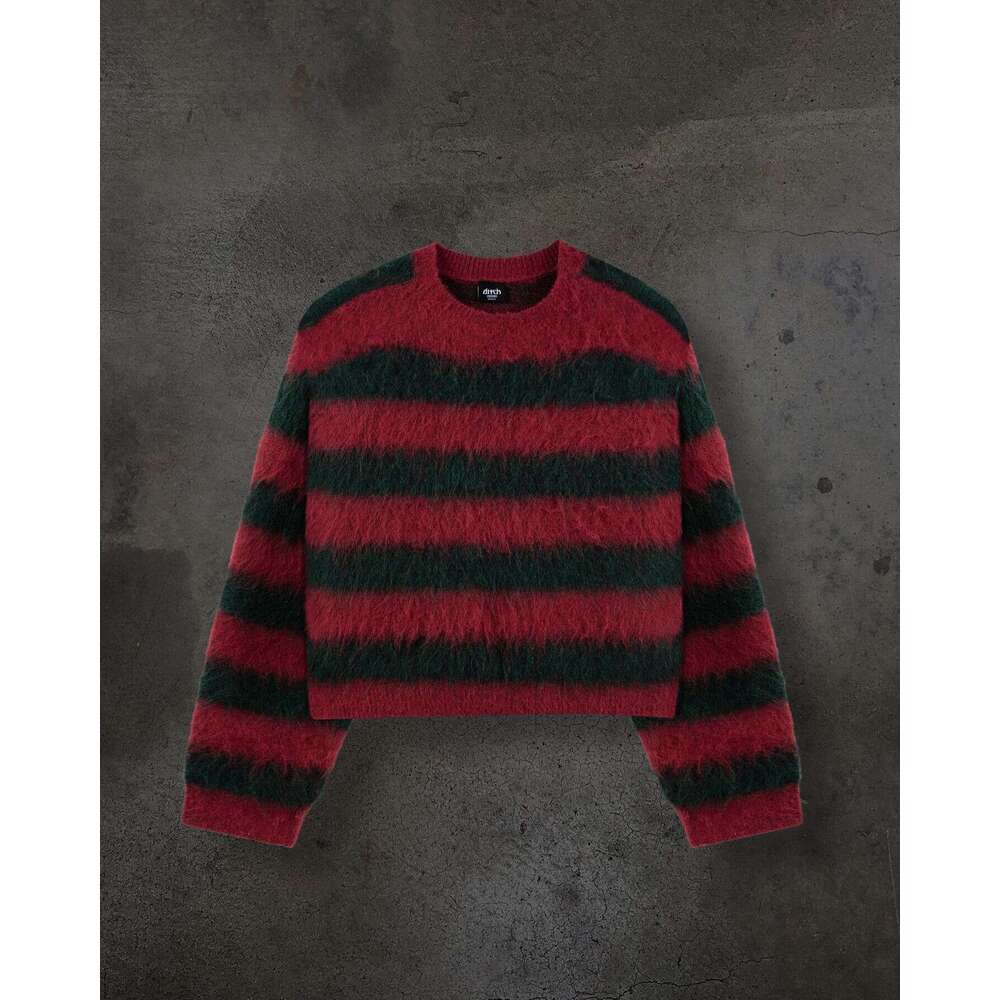 Knitted Striped Jacquard Pattern Round Neck Long Sleeve High Street Loose Sweater Dark Style