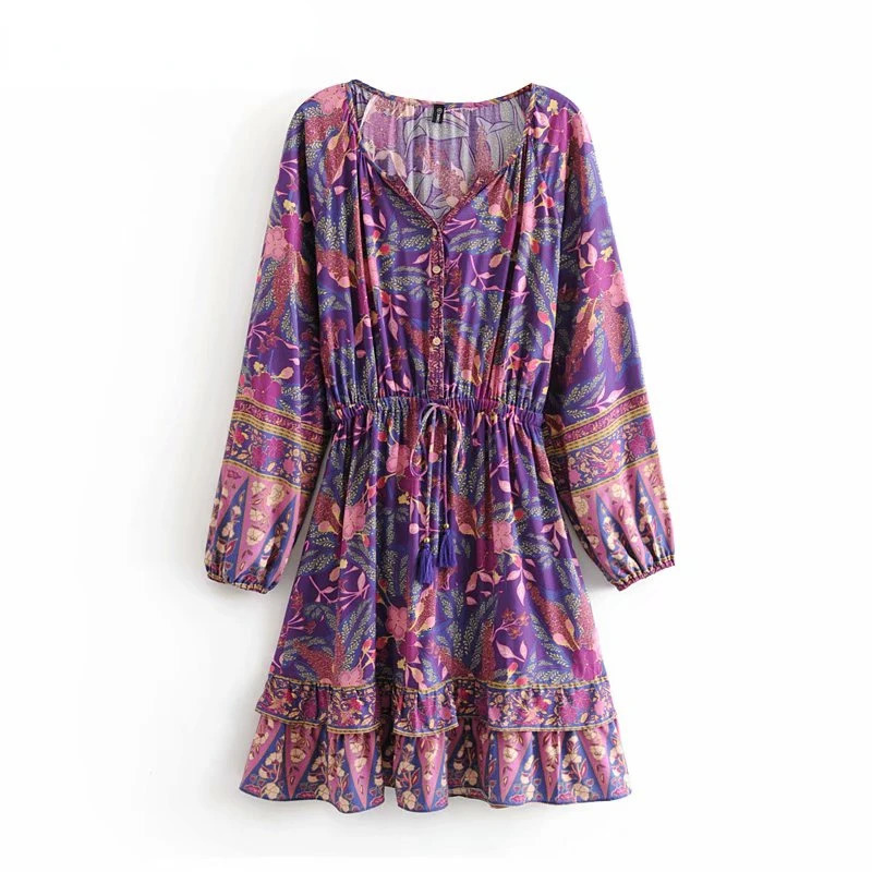 Happy Queens Womens Purple Printed Button V-neck Bohemian Mini Dress Womens Long Sleeve Elastic Waist Rayon Bohemian Dress 250103