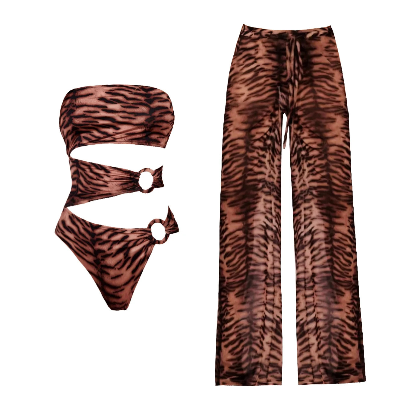2Pcs Hollow Out Swimsuit With Beach Pants Women Female Swimwear Biquini Leopard Printed Swim Suits Bodysuit Beachwear 250106