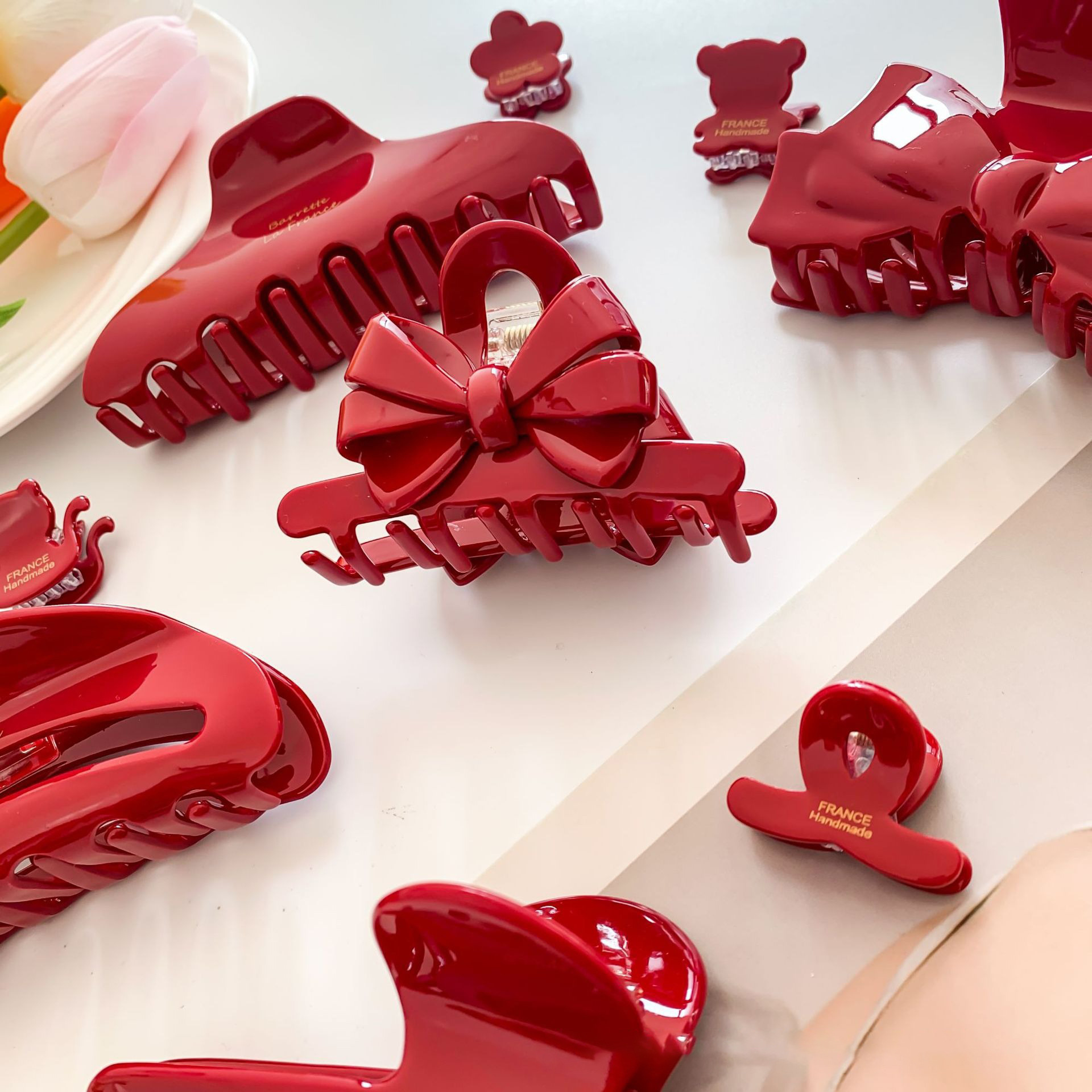 Red Bow Acetate Grab Clip Premium Feeling Shark Clip Tanabata Valentine's Day French Fashion Back of the Head Hair Clip Female