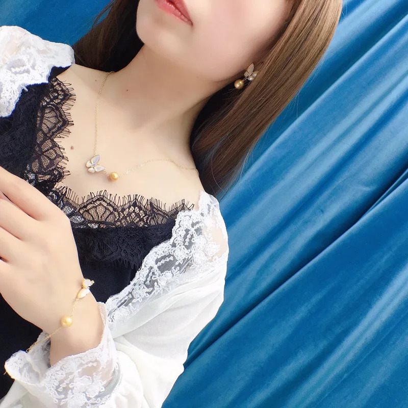 Freshwater Pearl Womens Autumn Korean-Style 8-9/9-10mm Shell Butterfly Necklace Bracelet earring Pendant Case 250102