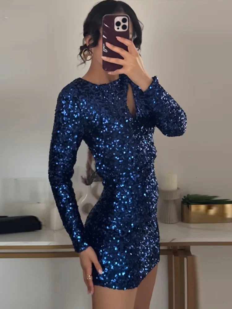 Glitter Sequins Cut Out Mini Dres Long Sleeve Hollow High Waist Chic Shining Dresses Female Slim Evening Party Robe 250103