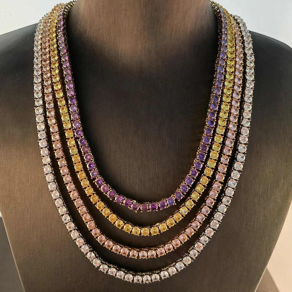 High Quality Hip Hop Brass 4mm Choker Colorful Link Chain Tennis Chain Men Women Fashion Iced Out Cubic zirconia Jewelry 250106
