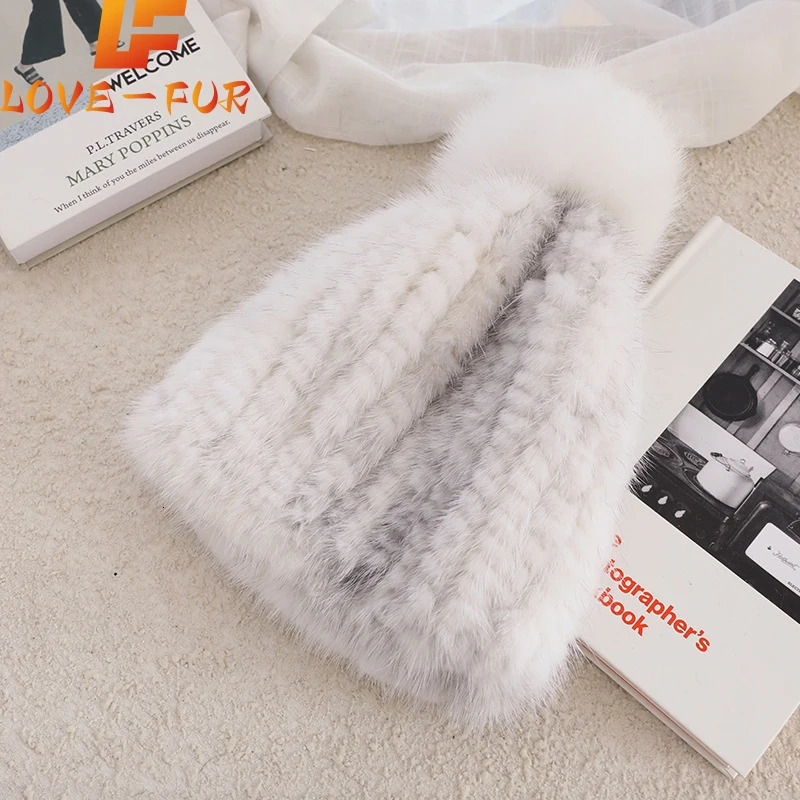 Real Mink Fur Hat For Women Thicken Female Fur Caps Ladies Winter Knitted Mink Fur Beanies With Fox Fur Pompoms Hat 250106