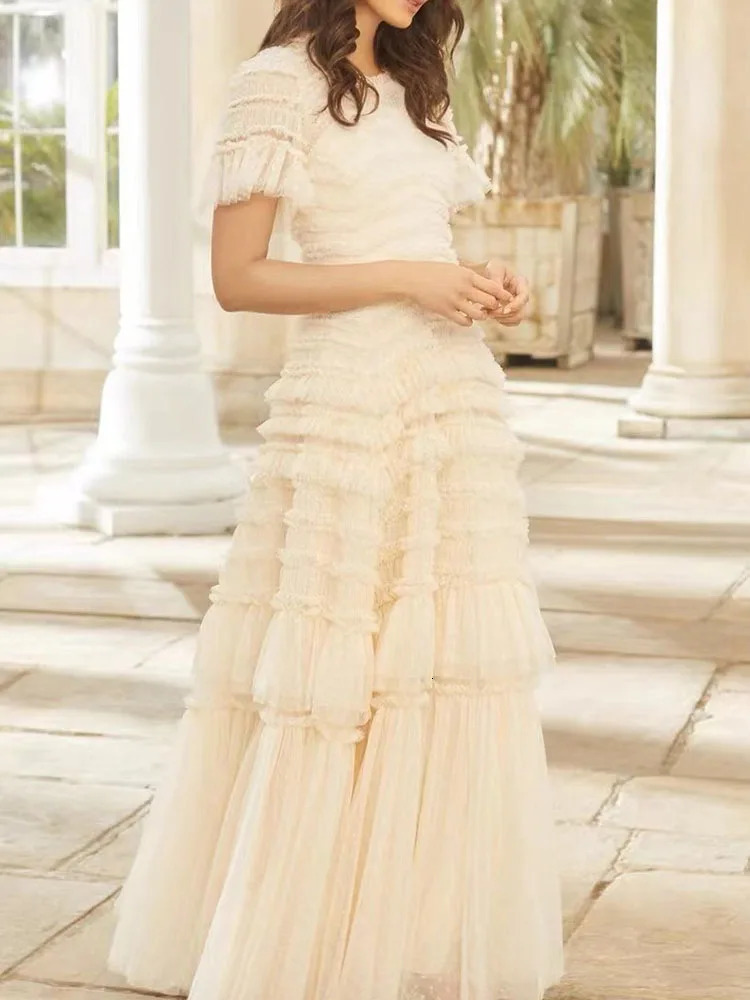 IEQJ Solid Retro Fungal Puff Sleeve Lace Strap Dress Elegant Ultra Thin Elegant Womens Dress 2025 Summer Clothing 250103