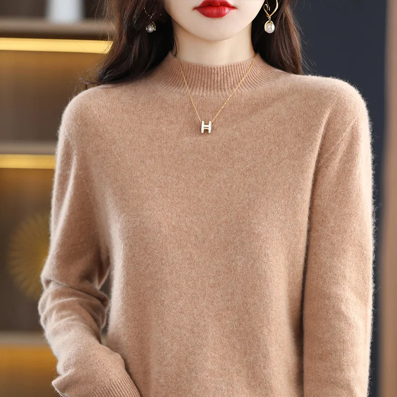 Firstline readytowear highend pure wool sweater womens half turtleneck loose and thin 100% solid color bottomi 250103