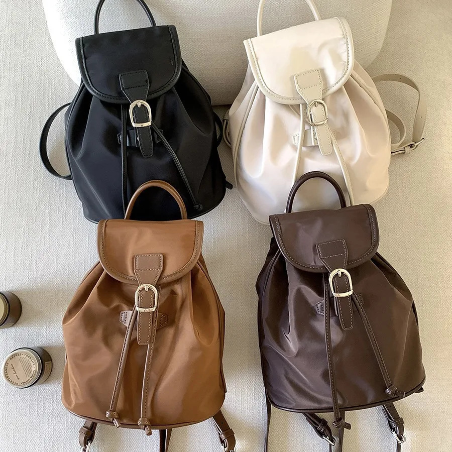 Retro Style Nylon Backpack for Women Thin Belt Backpack Casual Harajuku School Student Drawstring Flap Travel Vintage Backpack 250102