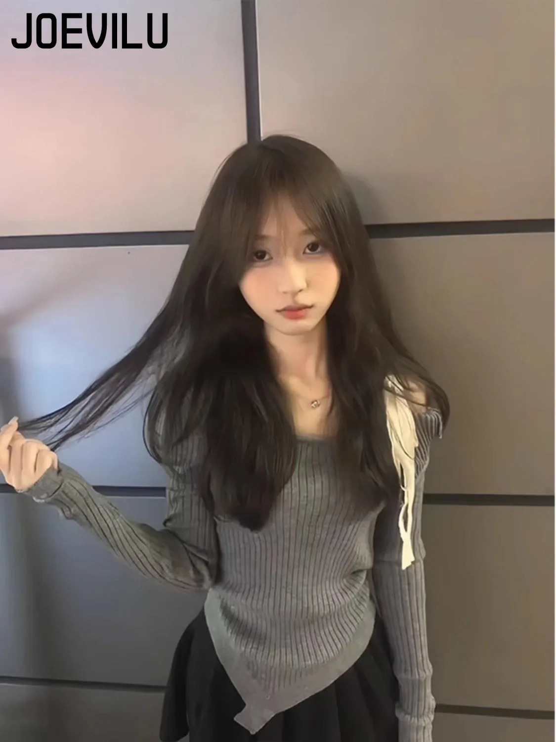 Off Shoulder Strap Pullover Sweater Long Sleeved Knitted Tops Female Slim Fit Lining Babes Korean Fashion Jumper Y2k Clothes 250103