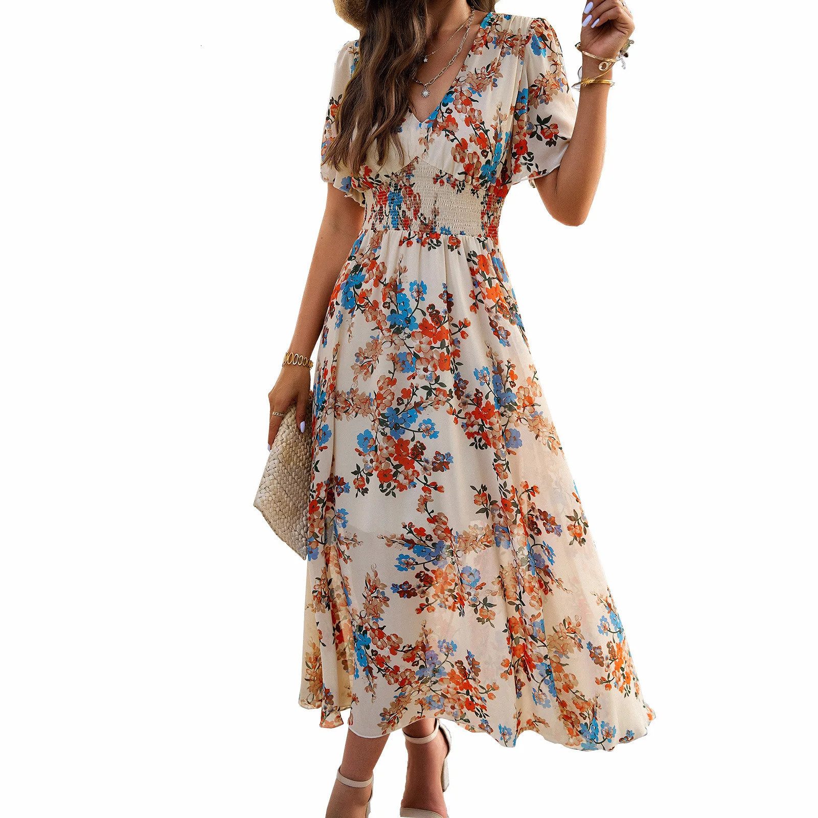 2025 Spring/Summer Womens Beach Dress Shirt with Flower Printed Waist Short Sleeve Ruffle Bottom Dress Womens Summer Long Dress 250103