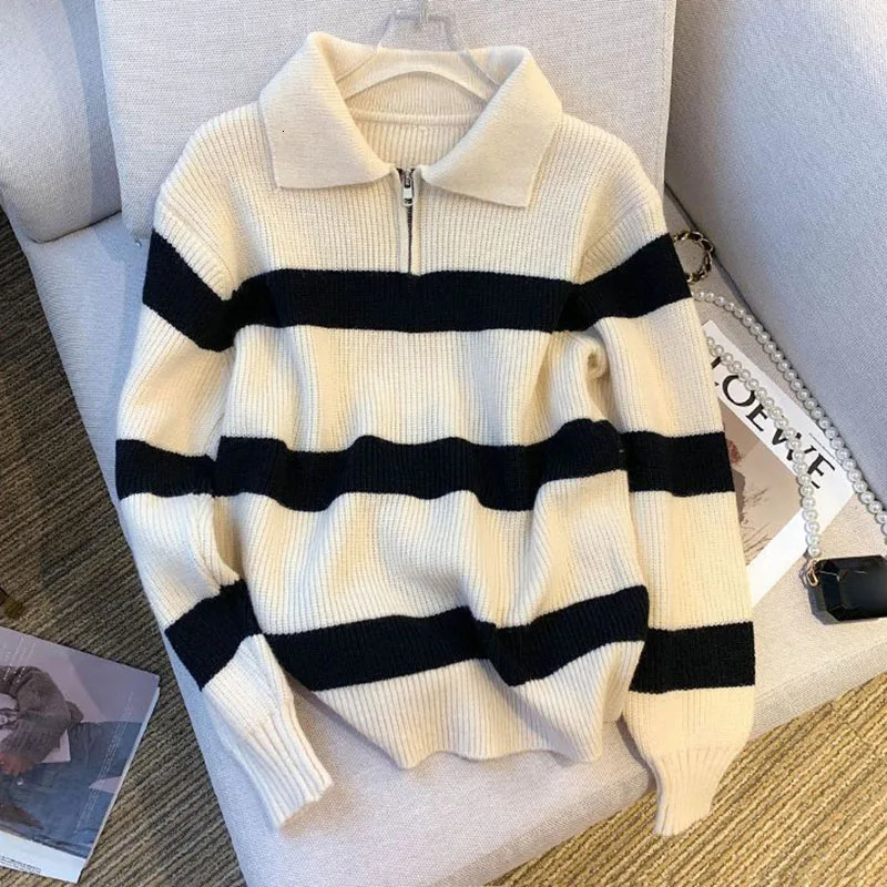 Lucyever Womens Turndown Collar Striped Sweater Vintage Loose Long Sleeve Knitwear Female Autumn Winter Warm Knitted Jumper Top 250103