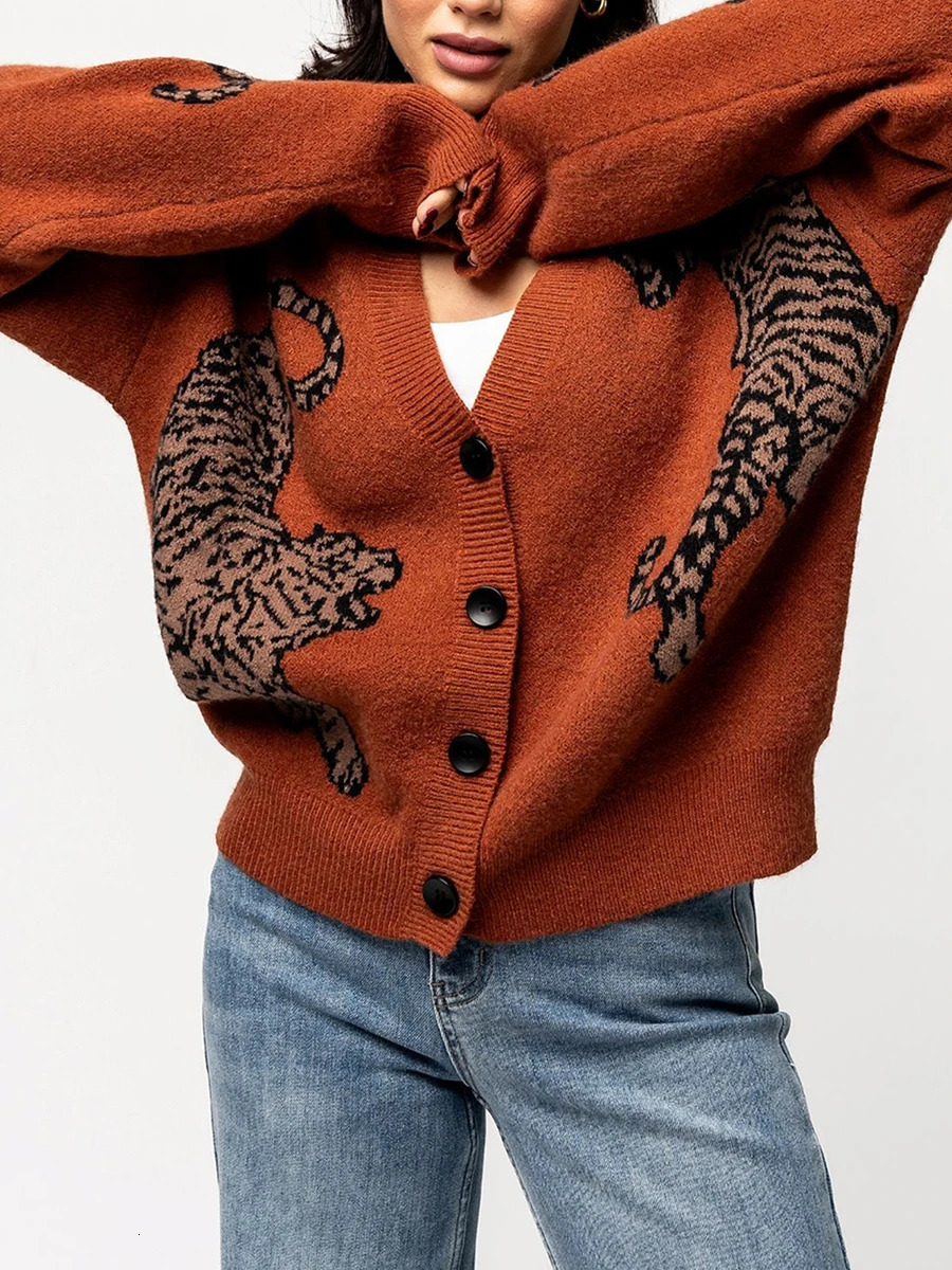 Women Button Up Sweaters Autumn Casual Lightweight Tiger Print Long Sleeve Knit Cardigans Spring Warm Knitwear for Streetwear 250103