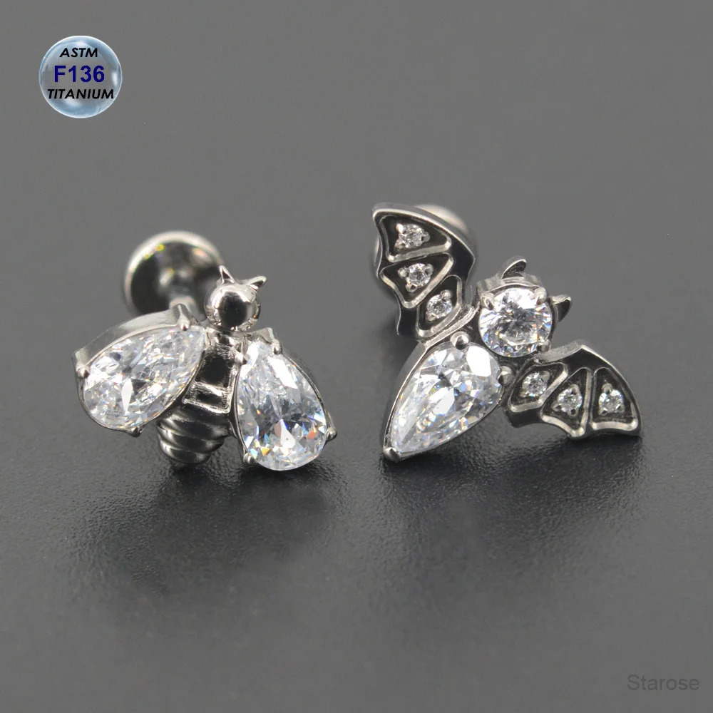 Implant Grade ASTM F-136 Cartilage Earrings Oval Crystal Bee Bat Tragus Helix Studs 16G Labret Bar Ear Piercing Jewelry 250103
