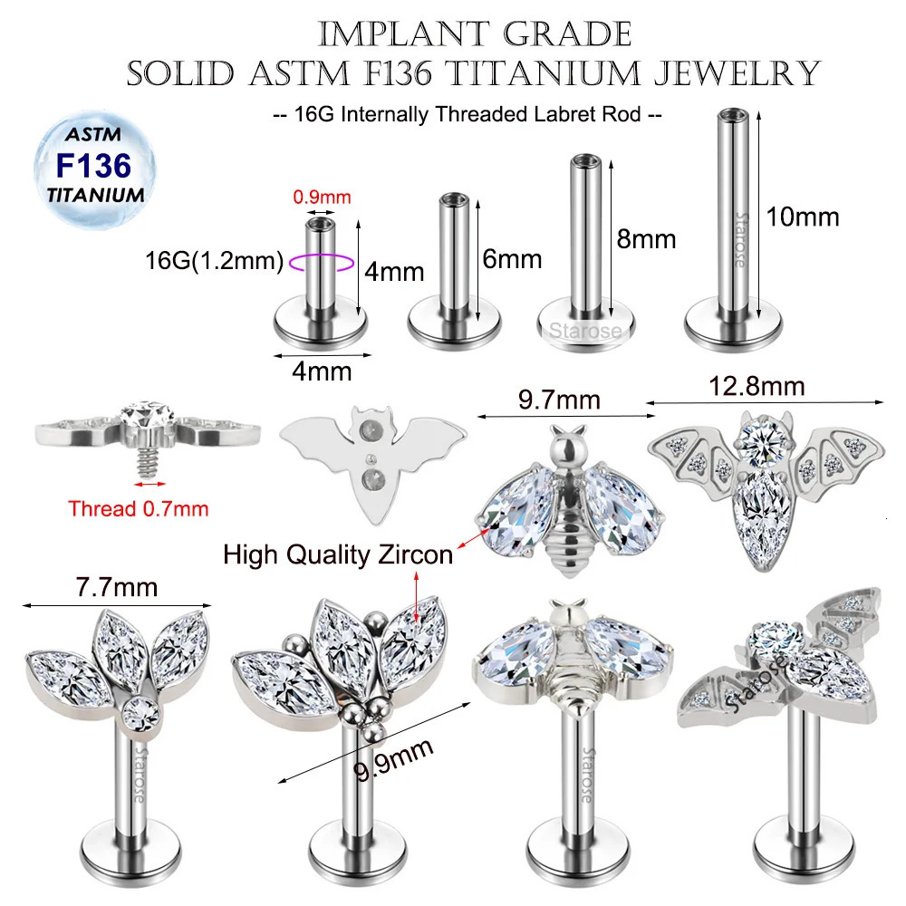 Implant Grade ASTM F-136 Cartilage Earrings Oval Crystal Bee Bat Tragus Helix Studs 16G Labret Bar Ear Piercing Jewelry 250103